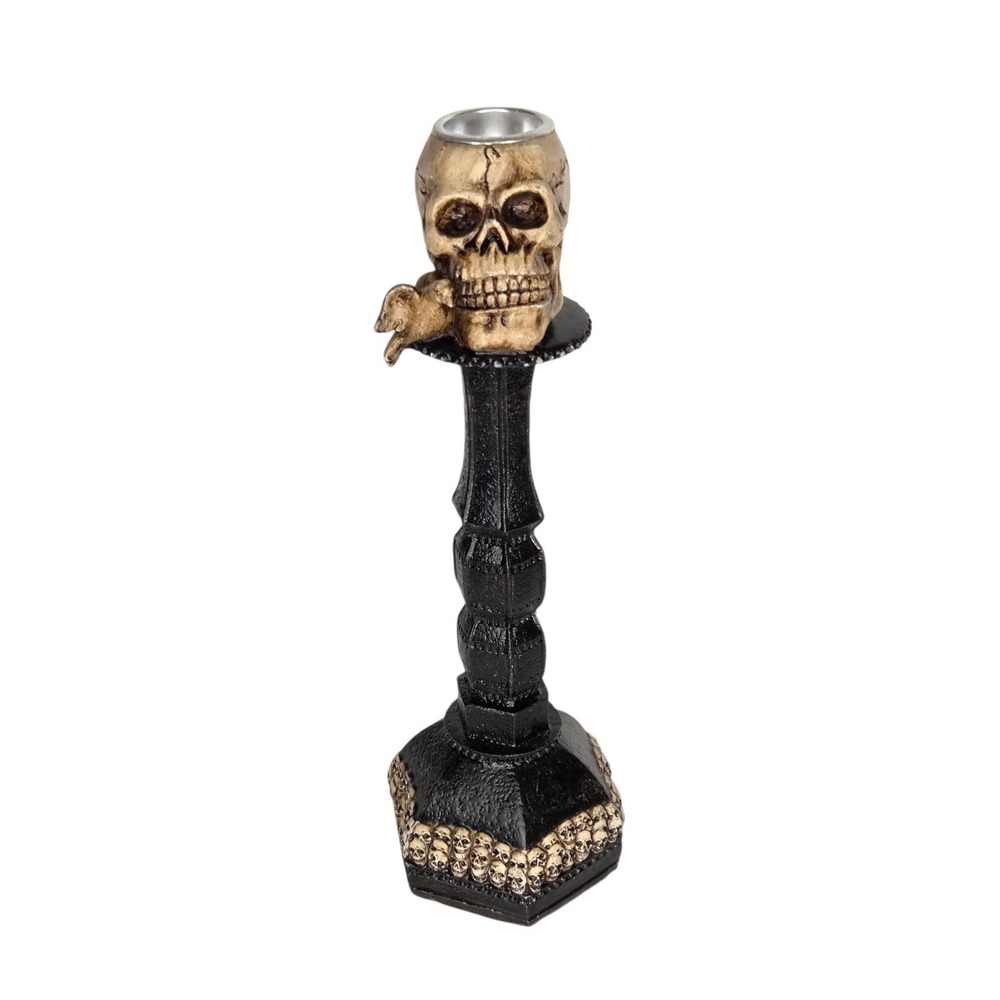 Gothic Skull Taper Candle Holder Black Pedestal Halloween Decor Rat Accent 10in